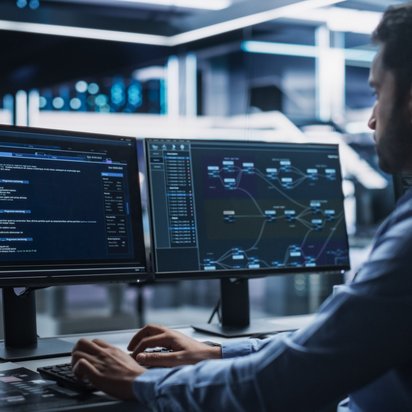 Ein Mann sitz an einem Schreibtisch mit zwei Bildschirmen und analysiert Daten.