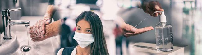 Coronavirus corona virus prevention for COVID-19 banner. Hand sanitizer alcohol gel rub vs washing hands hygiene in hospital or Asian woman wearing face mask preventive epidemic spreading header. Coronavirus corona virus prevention for COVID-19 banner. Hand sanitizer alcohol gel rub vs washing hands hygiene in hospital or Asian woman wearing face mask preventive epidemic spreading header.