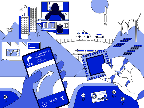 Illustration einer digitalen Industrielandschaft mit Industrie- und Energieanlagen, Verkehrs- und Kommunikationsmitteln sowie IT- und Weltraumsystemen in abgestuften Blautönen 