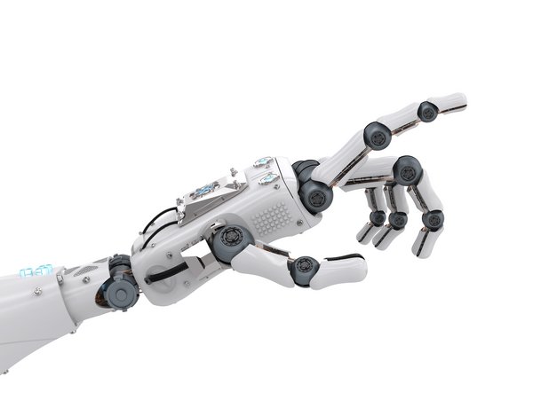 Hand of a robot in white points at something. | TÜVIT