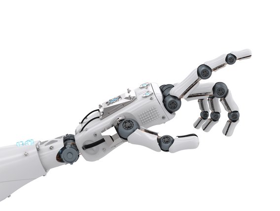 One hand of a robot points to the right with the index finger